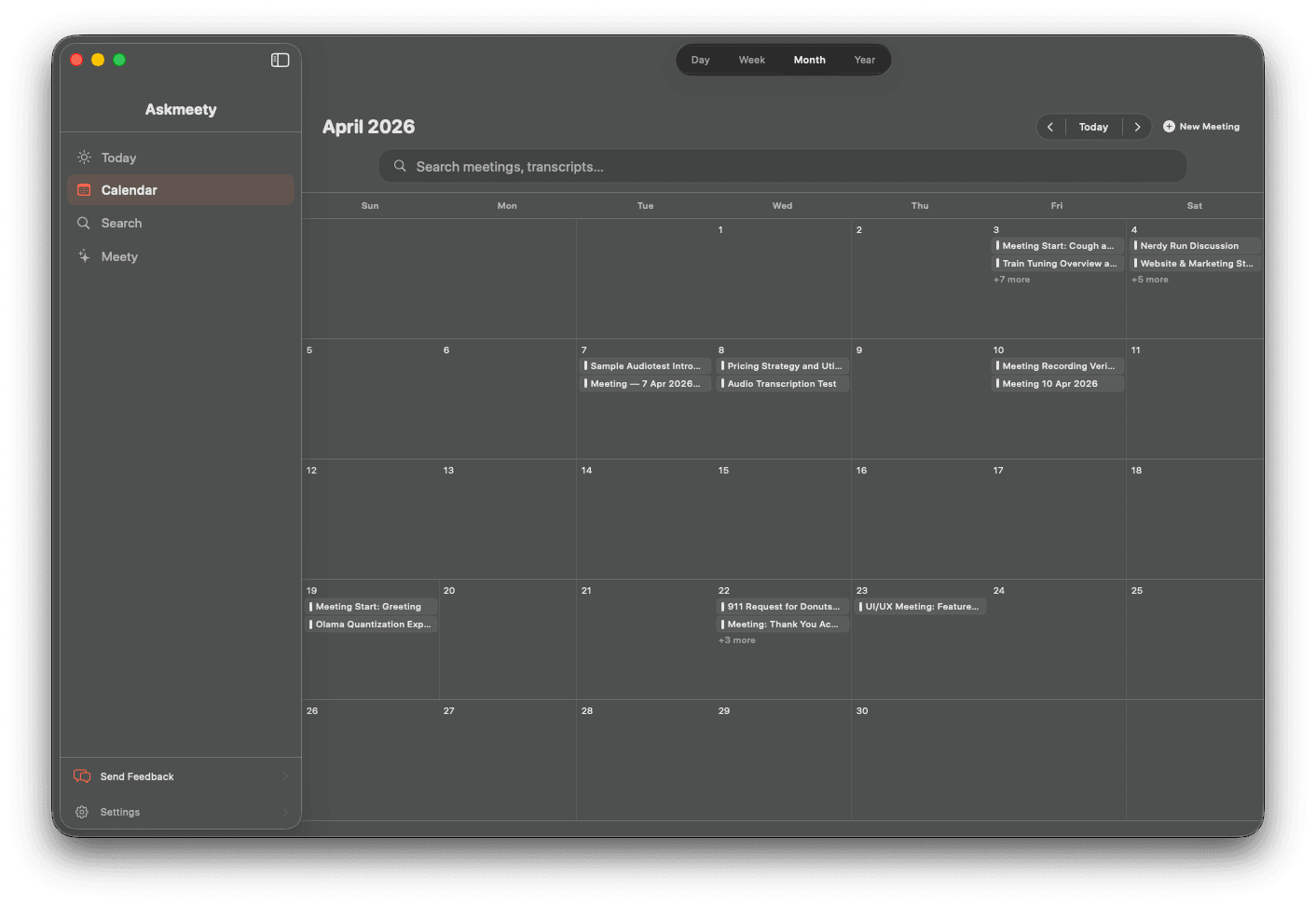 Askmeety calendar showing meetings across the month