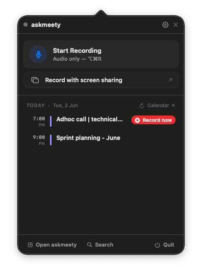 Askmeety menubar app showing upcoming meetings and quick record buttons